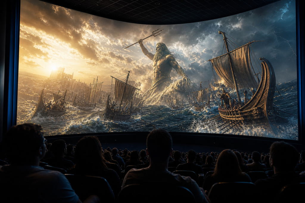 IMAX 상영관에서 영화 오디세이를 관람하는 모습