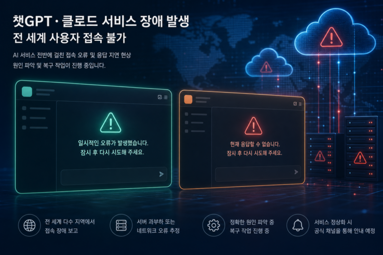 챗GPT와 클로드 동시 장애를 보여주는 AI 서비스 오류 이미지