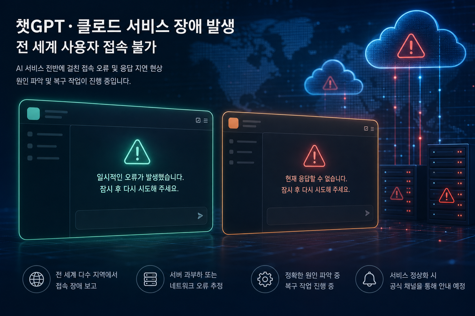 챗GPT와 클로드 동시 장애를 보여주는 AI 서비스 오류 이미지