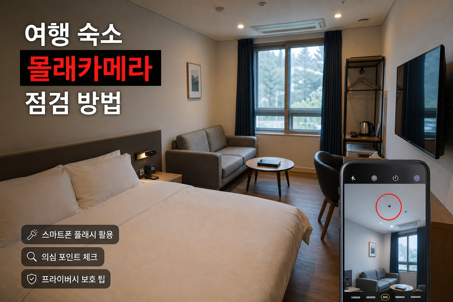 스마트폰 손전등으로 숙소 안 숨겨진 카메라를 확인하는 모습