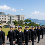해군사관학교 생도들이 캠퍼스에서 행진하는 모습