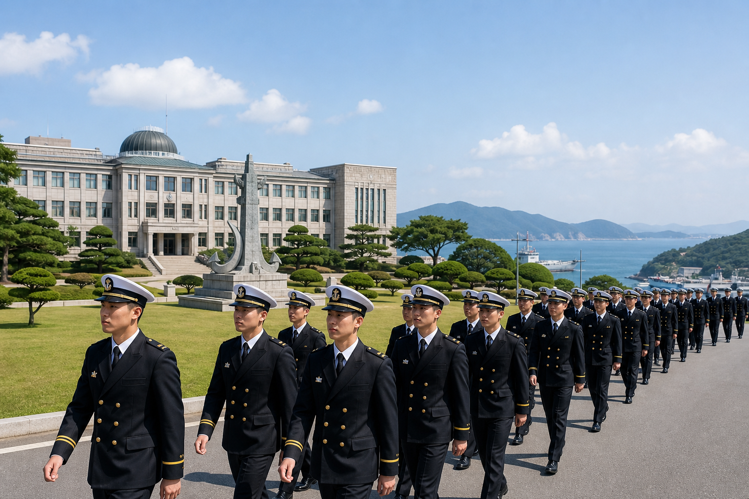 해군사관학교 생도들이 캠퍼스에서 행진하는 모습