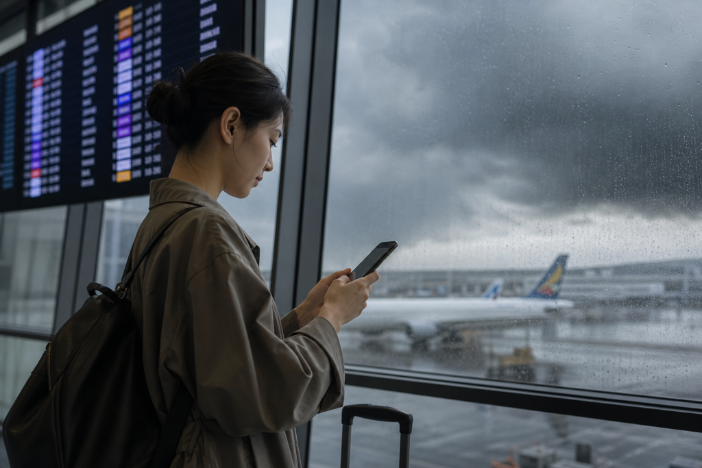 제주공항 출발 항공편의 지연과 결항 여부를 확인하는 모습