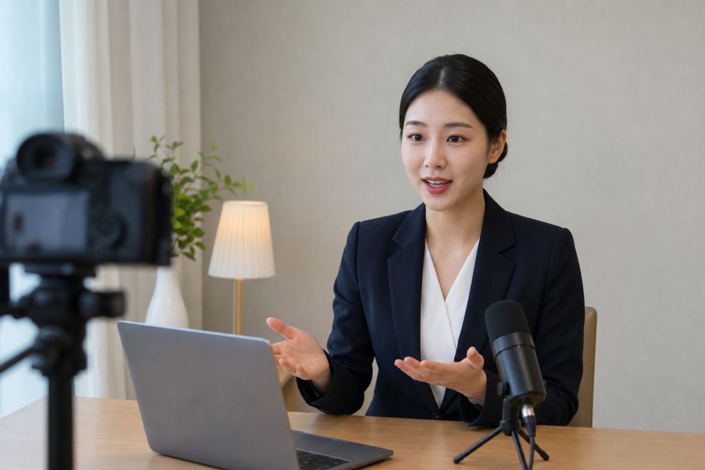 카메라 앞에서 승무원 영상면접을 연습하는 지원자