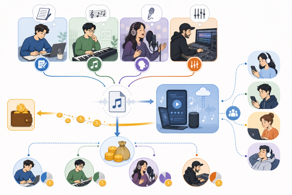 작사·작곡·실연·음반제작자의 음악 권리와 수익 배분 구조 이미지
