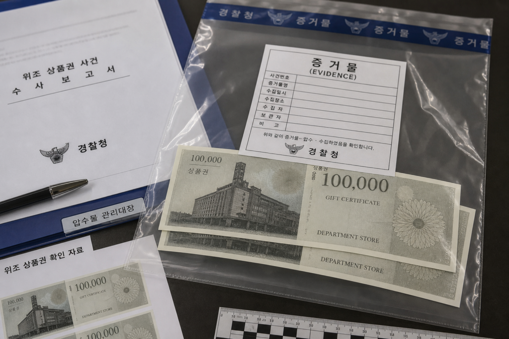 파주 냉동창고에서 발견된 위조 상품권 관련 수사 자료