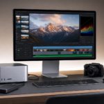 M5 Max와 M5 Ultra를 탑재한 신형 Mac Studio와 외장 SSD가 놓인 작업 공간