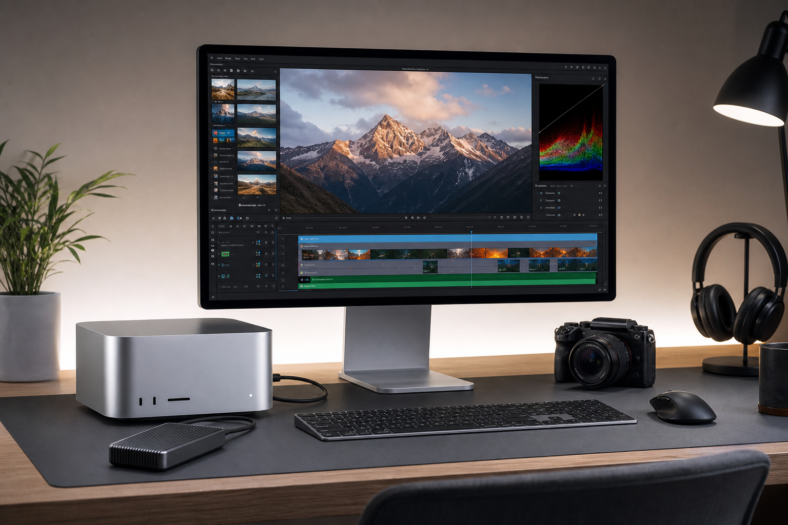 M5 Max와 M5 Ultra를 탑재한 신형 Mac Studio와 외장 SSD가 놓인 작업 공간