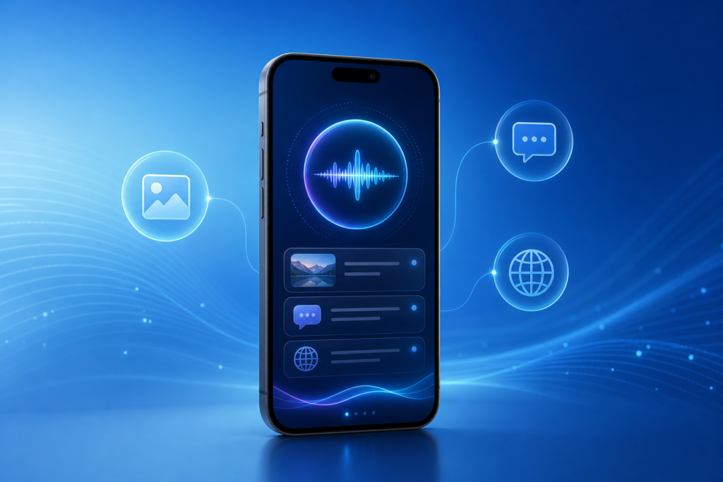 WWDC26 차세대 Siri AI의 화면 이해와 앱 연동 기능을 표현한 이미지