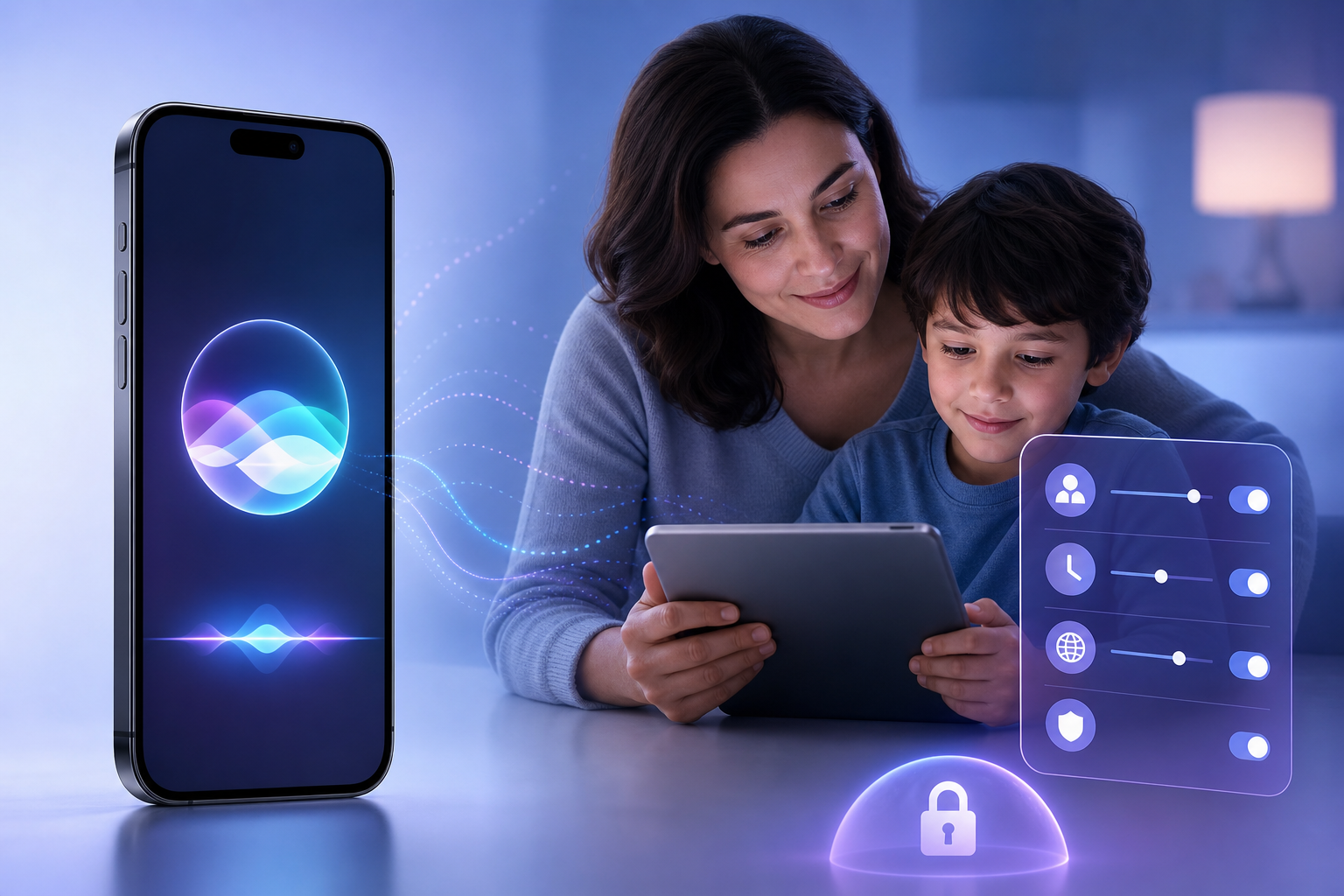 WWDC26에서 공개된 Siri AI와 자녀 안전 기능을 상징하는 스마트폰과 태블릿 화면