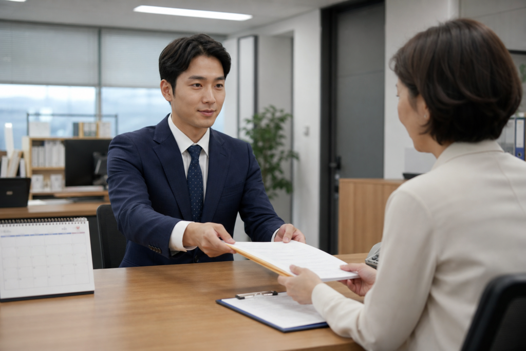 직장인이 인사담당자에게 출산 관련 휴가 신청을 상담하는 모습