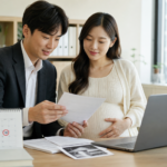 출산을 앞둔 직장인 부부가 휴가와 육아휴직 관련 서류를 확인하는 모습