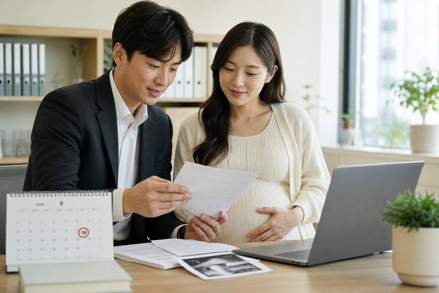 출산을 앞둔 직장인 부부가 휴가와 육아휴직 관련 서류를 확인하는 모습