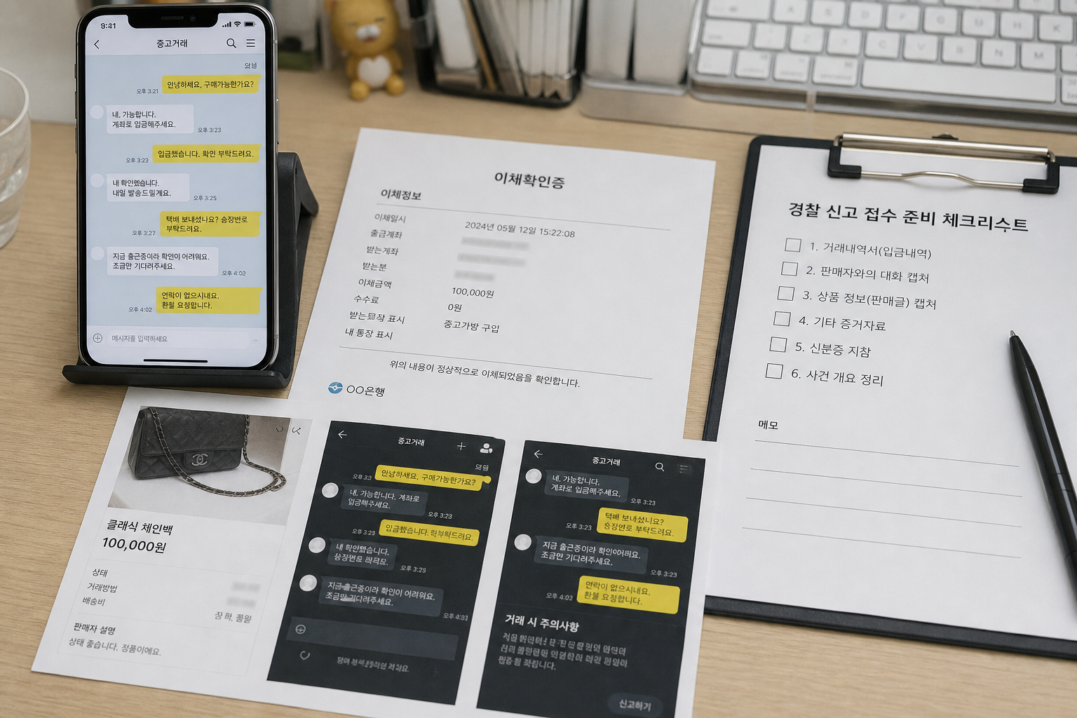중고거래 사기 신고를 위해 스마트폰 채팅과 입금내역을 확인하는 모습