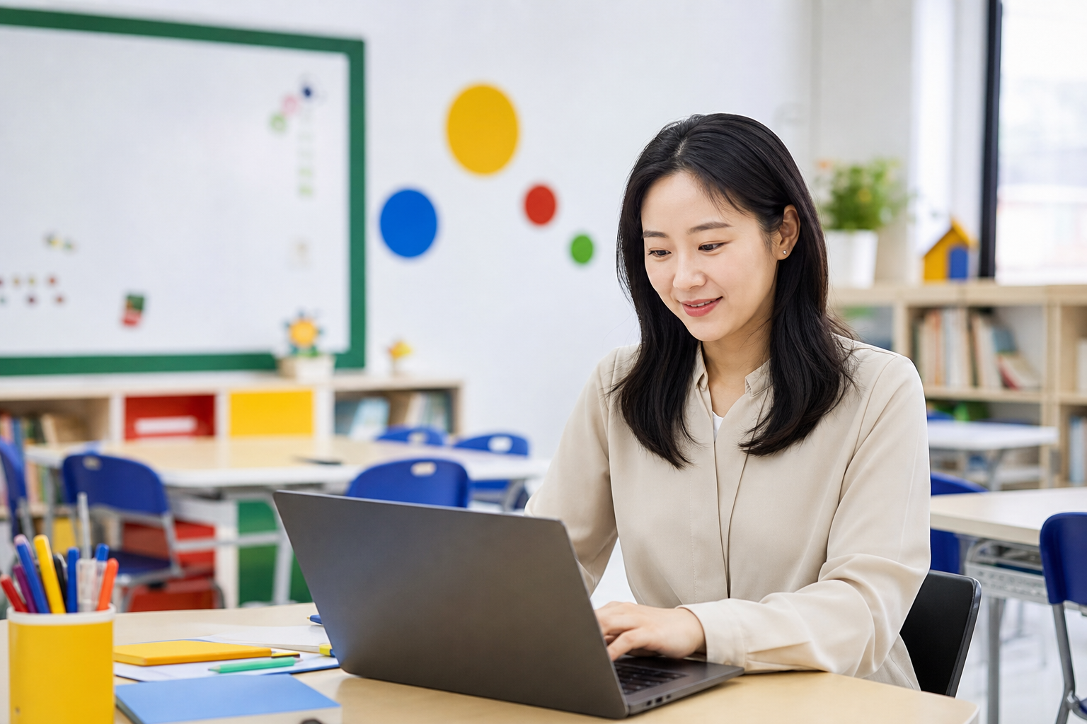 교실에서 노트북으로 AI 교육 자료를 살펴보는 한국인 교사