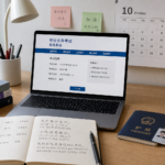 2026년 10월 HSK IBT 접수와 시험 일정을 확인하는 노트북과 학습 자료