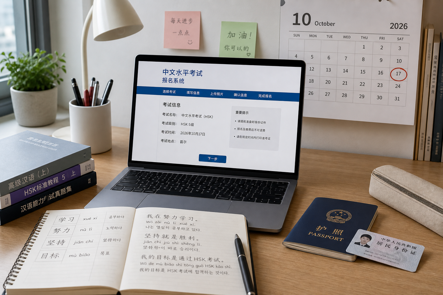 2026년 10월 HSK IBT 접수와 시험 일정을 확인하는 노트북과 학습 자료
