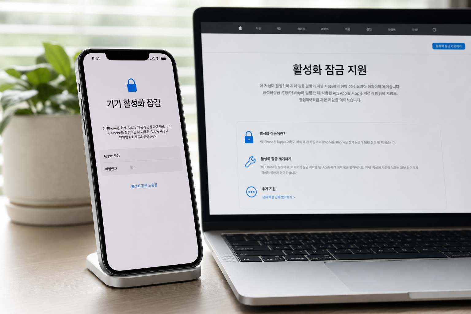 아이폰 화면에 표시된 활성화 잠금 안내와 애플 지원 페이지