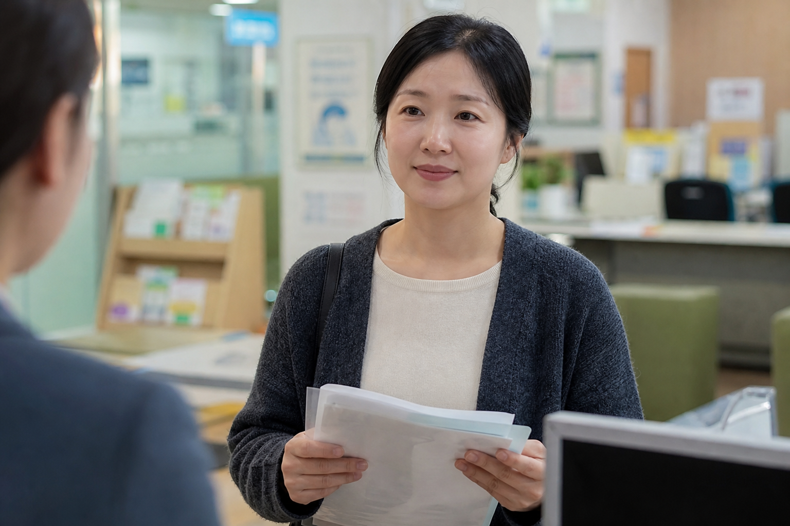 주민센터에서 주민등록표 발급 제한 서류를 준비하는 모습