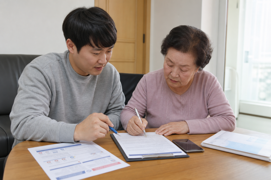 가족이 고령 환자의 건강보험 환급 신청을 돕는 모습