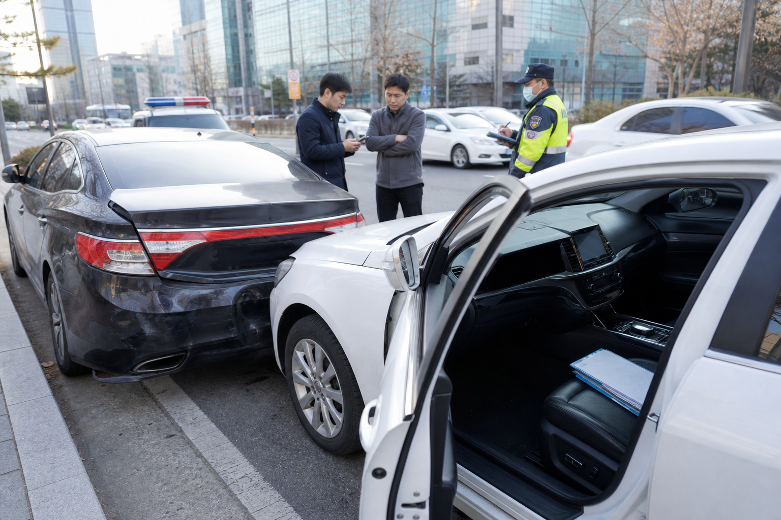 교통사고 현장에서 보험 서류 발급을 준비하는 모습