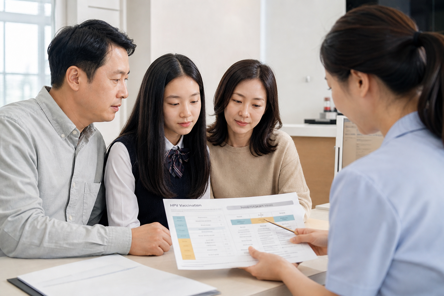 청소년과 보호자가 HPV 예방접종 일정을 확인하는 모습