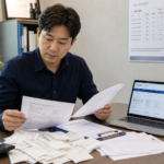 부가가치세 예정신고를 준비하며 세금계산서와 매출 자료를 확인하는 사업자
