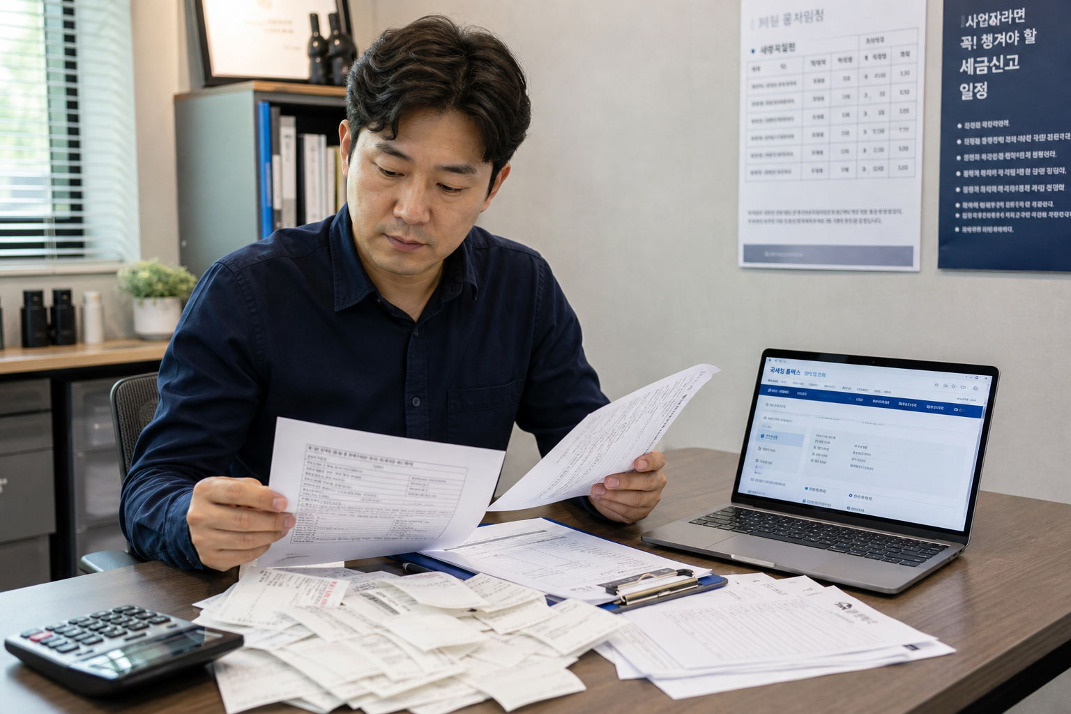 부가가치세 예정신고를 준비하며 세금계산서와 매출 자료를 확인하는 사업자