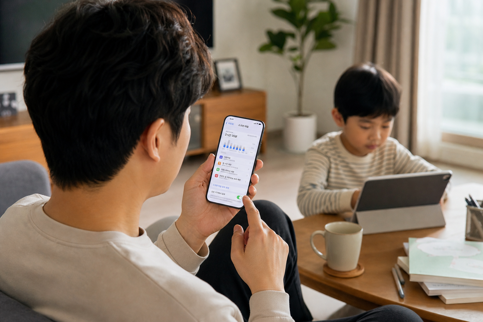 아이폰에서 자녀의 스크린 타임과 가족 공유 설정을 확인하는 부모