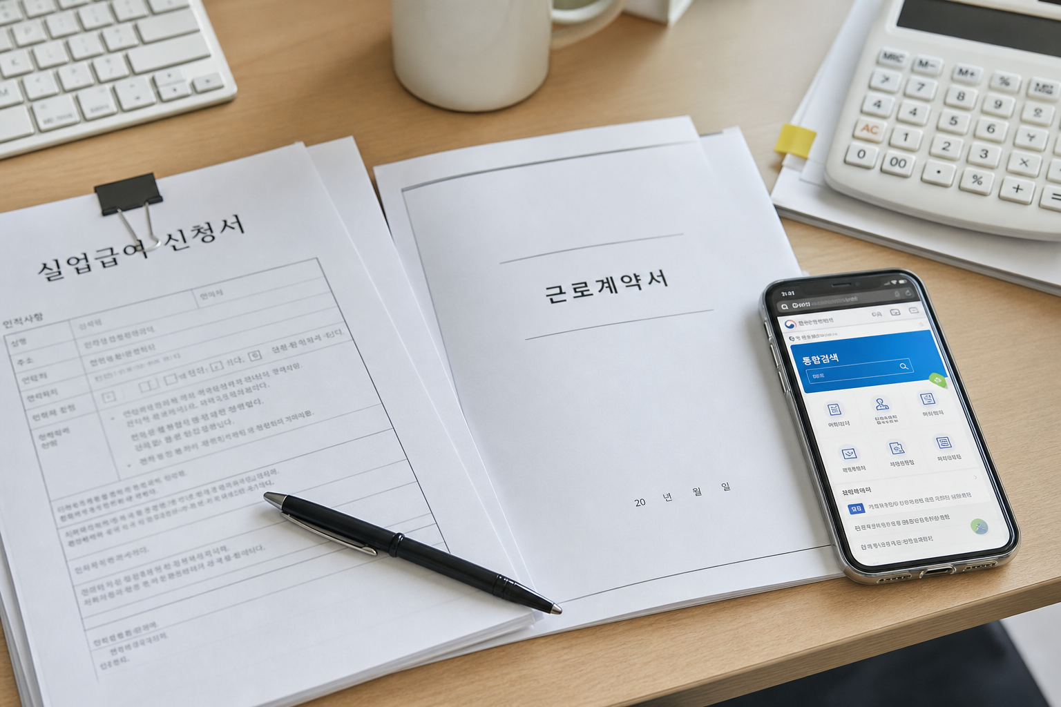 실업급여 취업사실 신고에 필요한 서류와 온라인 신고 화면을 상징하는 이미지