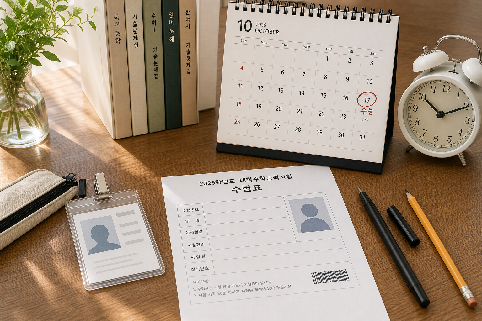국어능력인증시험 준비물과 2026년 10월 시험 일정을 확인하는 책상