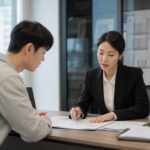 전세 계약 전 주택 서류를 확인하는 임차인과 공인중개사