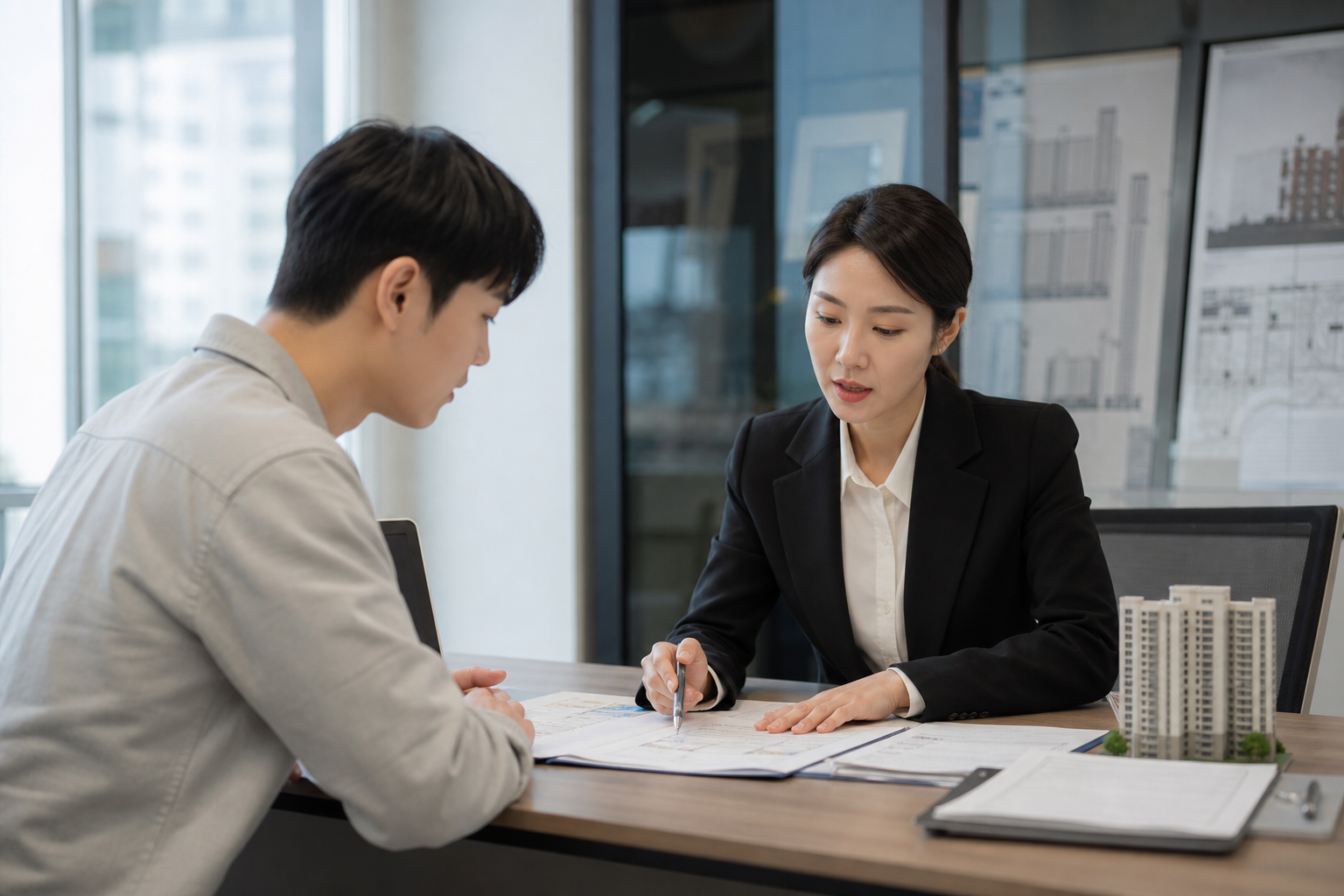 전세 계약 전 주택 서류를 확인하는 임차인과 공인중개사