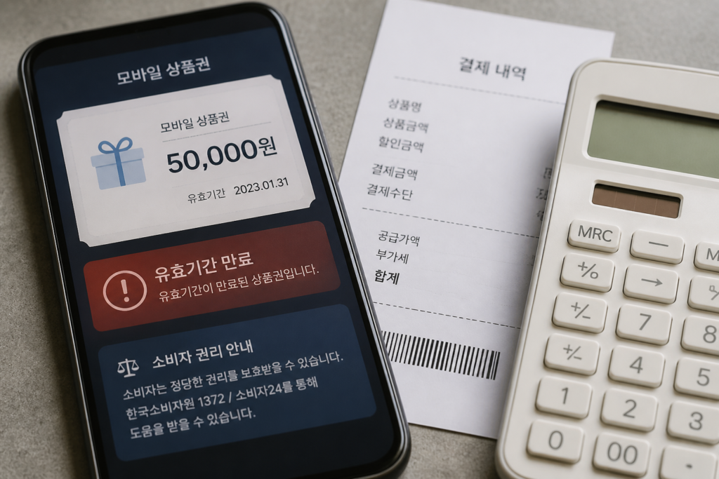유효기간 만료 기프티콘과 결제내역을 확인하는 모습