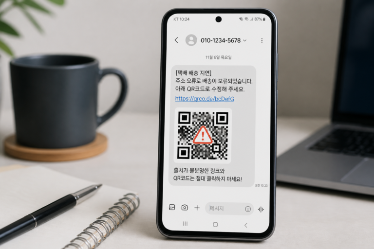 스미싱 문자와 큐싱 QR코드 의심 상황을 보여주는 스마트폰