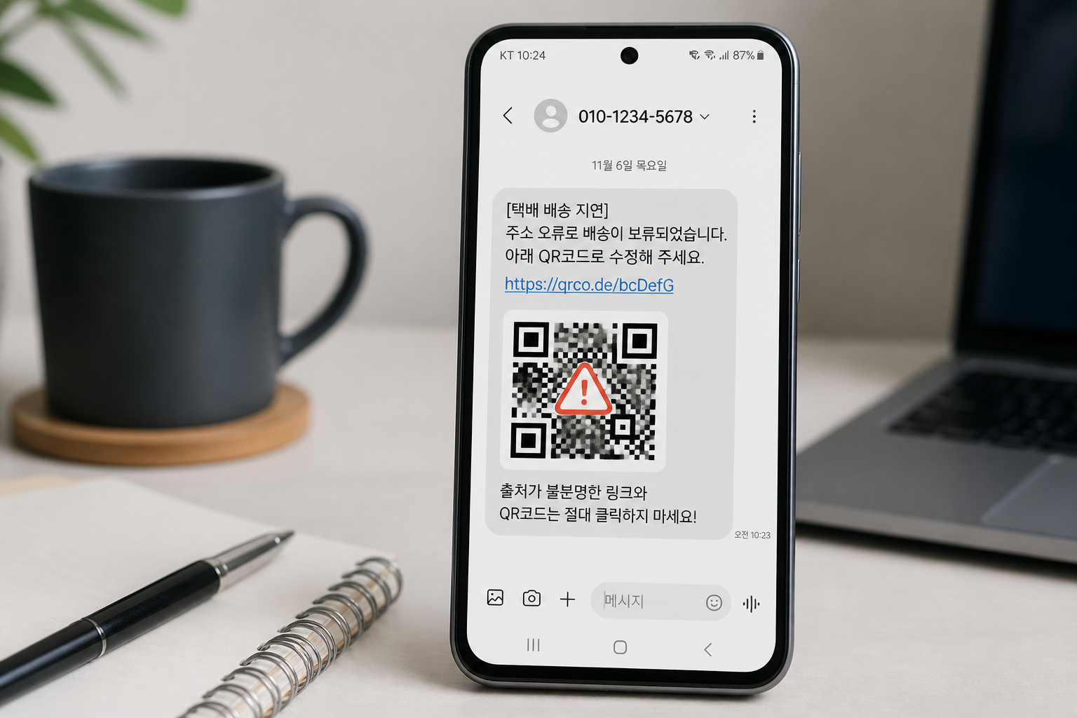 스미싱 문자와 큐싱 QR코드 의심 상황을 보여주는 스마트폰