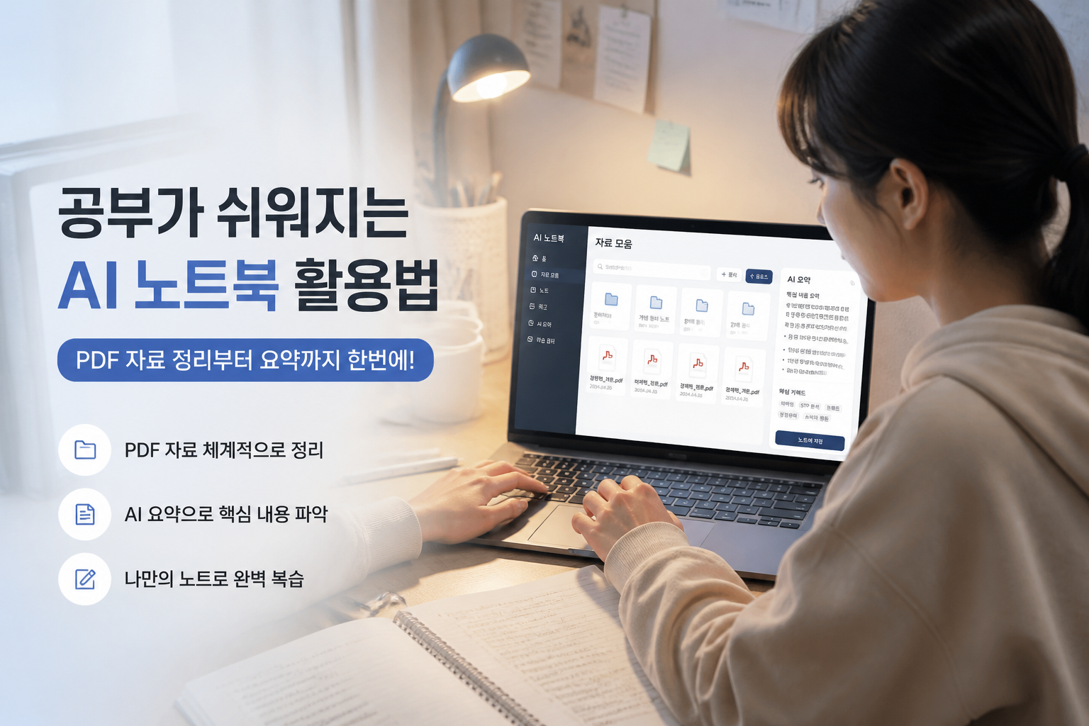 노트북으로 학습 자료를 정리하는 학생