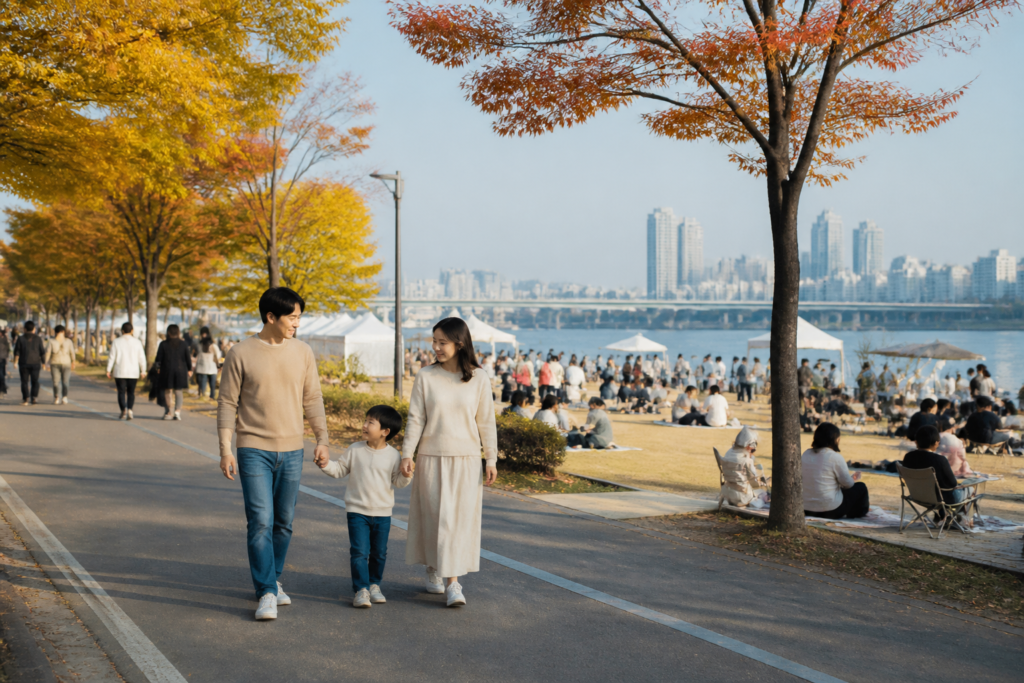 가을 한강공원을 산책하는 가족 방문객