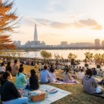 가을 한강공원에서 축제를 즐기는 가족과 시민들