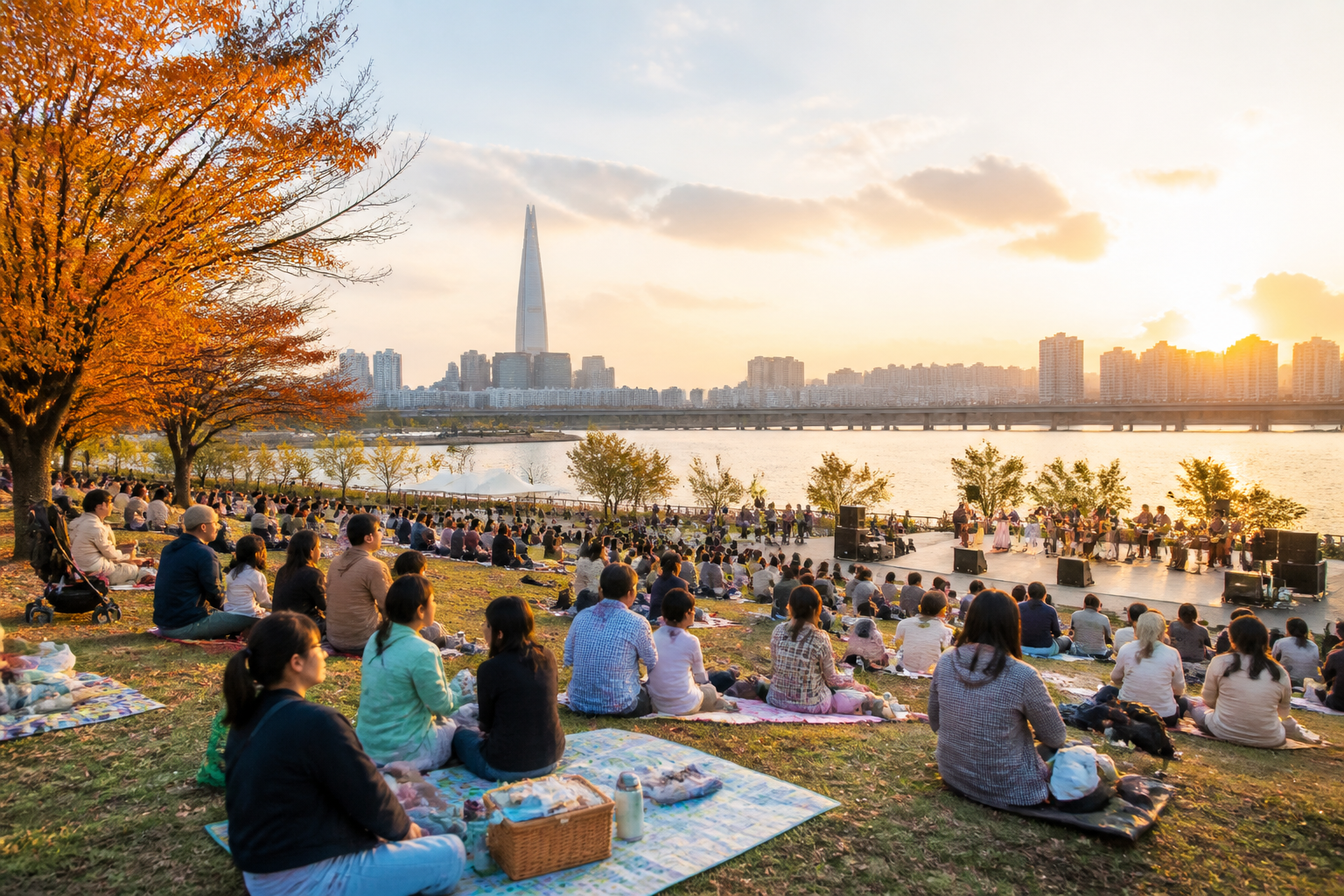 가을 한강공원에서 축제를 즐기는 가족과 시민들