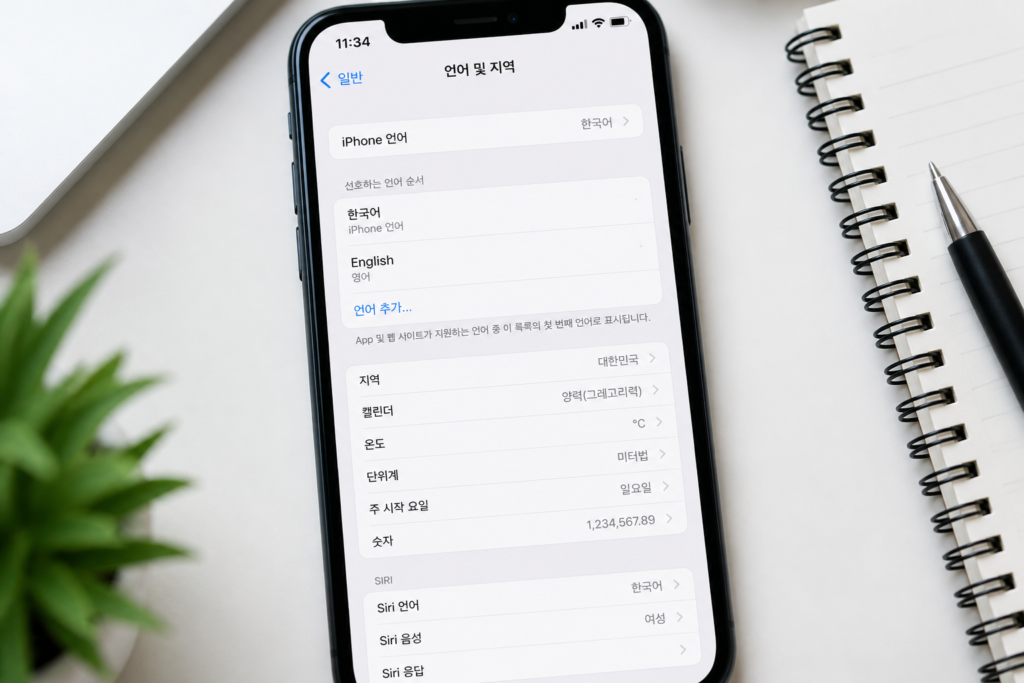 아이폰의 Siri 언어와 기기 언어 설정 화면