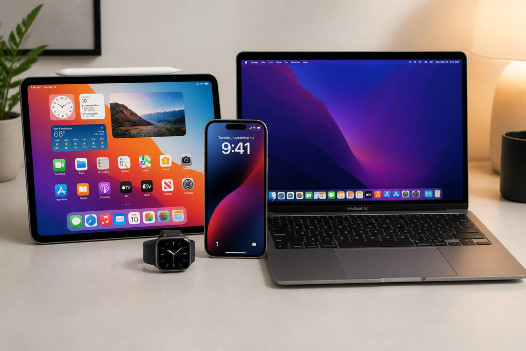 Apple Intelligence 지원 기기를 보여주는 아이폰 아이패드 맥 애플워치