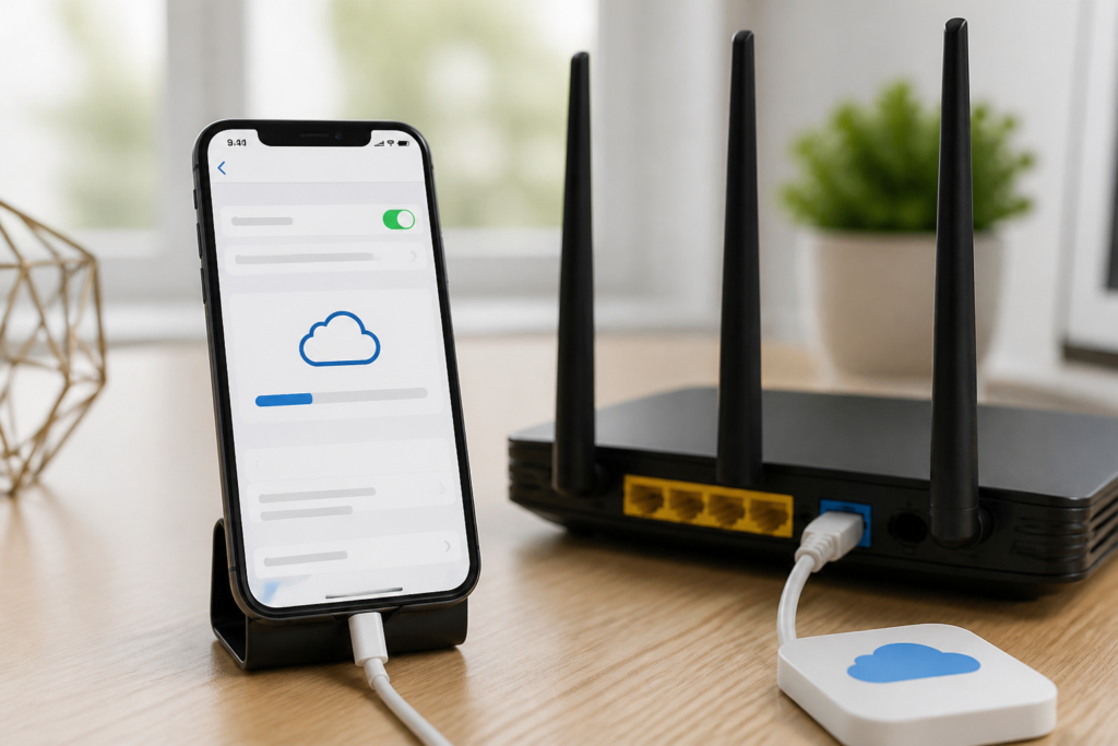 충전기와 Wi-Fi 환경에서 iCloud 백업을 준비하는 아이폰