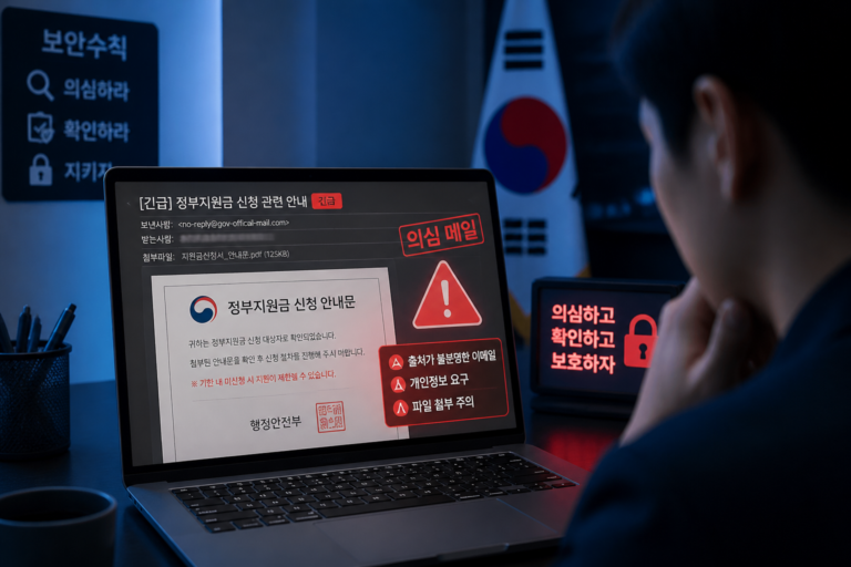 정부기관 공문을 흉내 낸 피싱 메일을 노트북 화면에서 확인하는 모습
