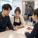 음식점과 미용실 창업자가 영업신고와 사업자등록 서류를 준비하는 모습