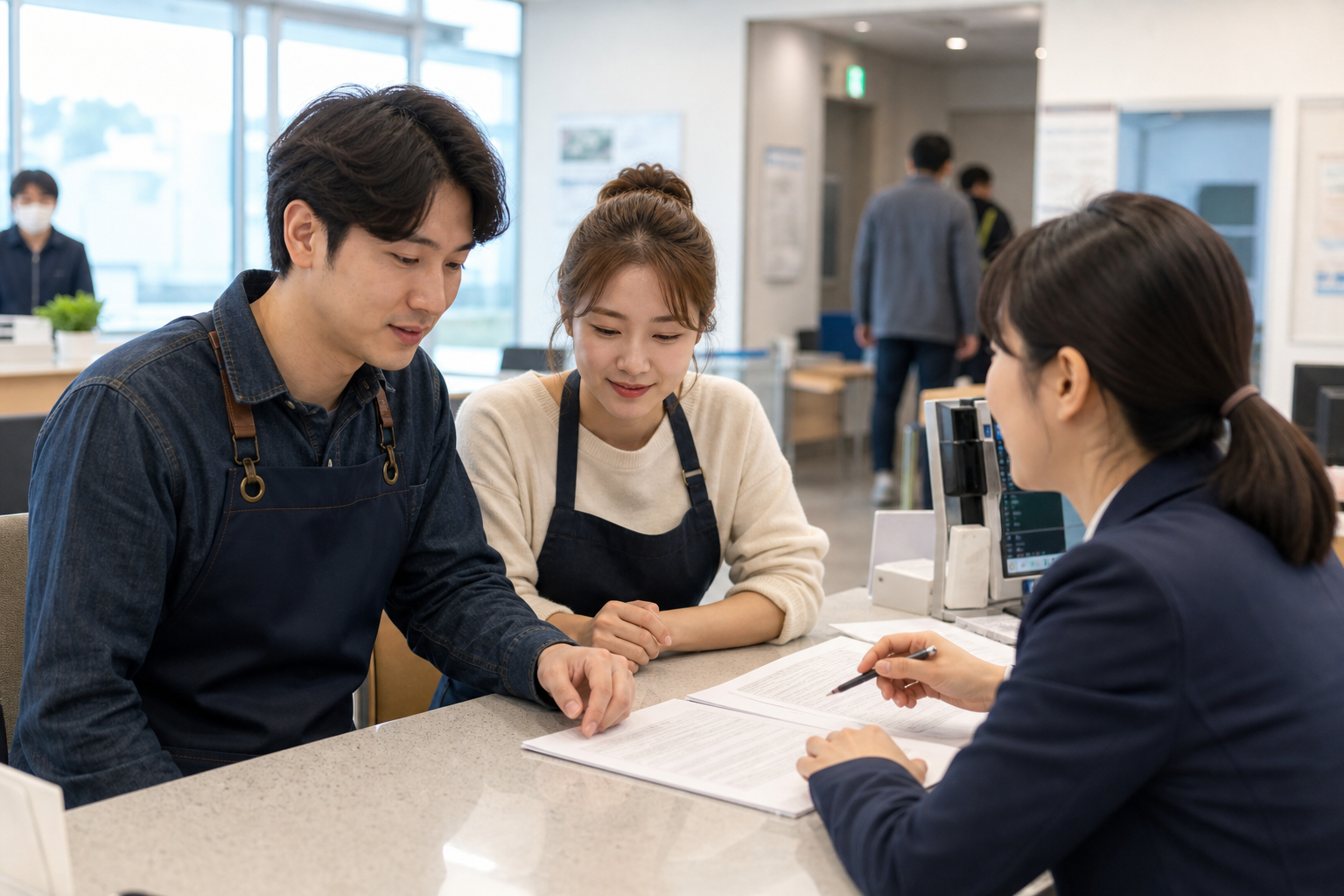 음식점과 미용실 창업자가 영업신고와 사업자등록 서류를 준비하는 모습