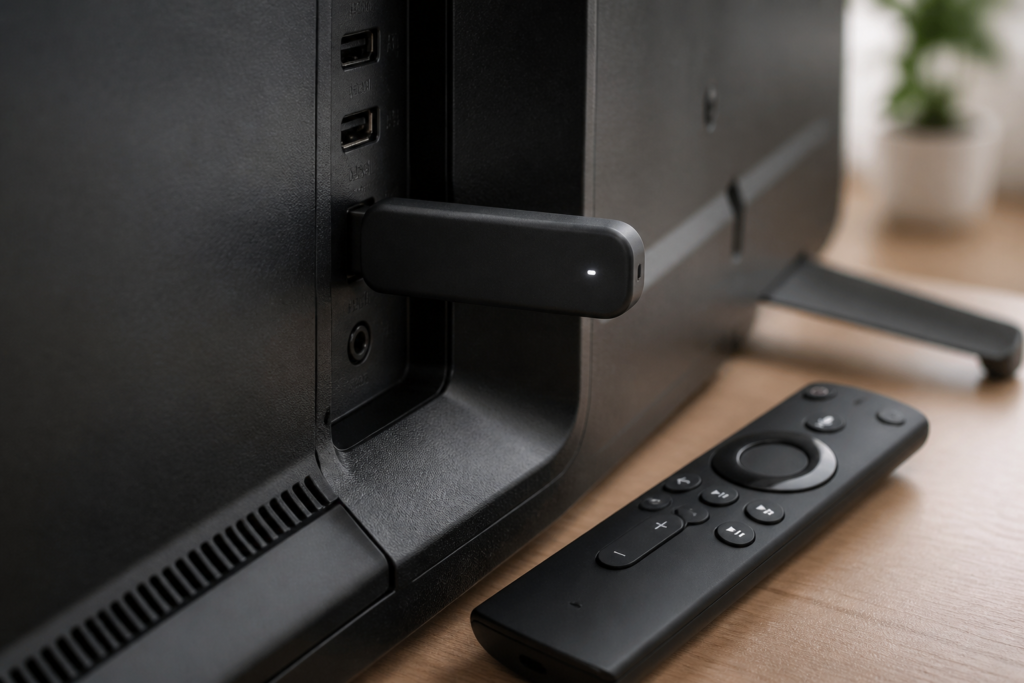 TV HDMI 단자에 연결된 스트리밍 스틱과 음성 리모컨