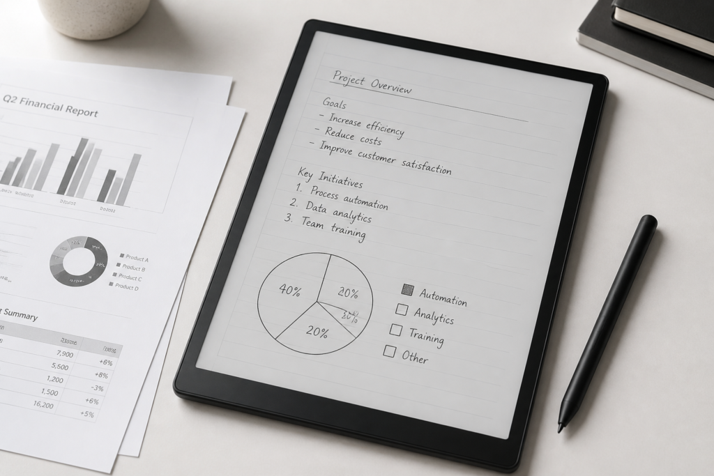 흑백 Kindle Scribe와 PDF 문서를 사용하는 모습