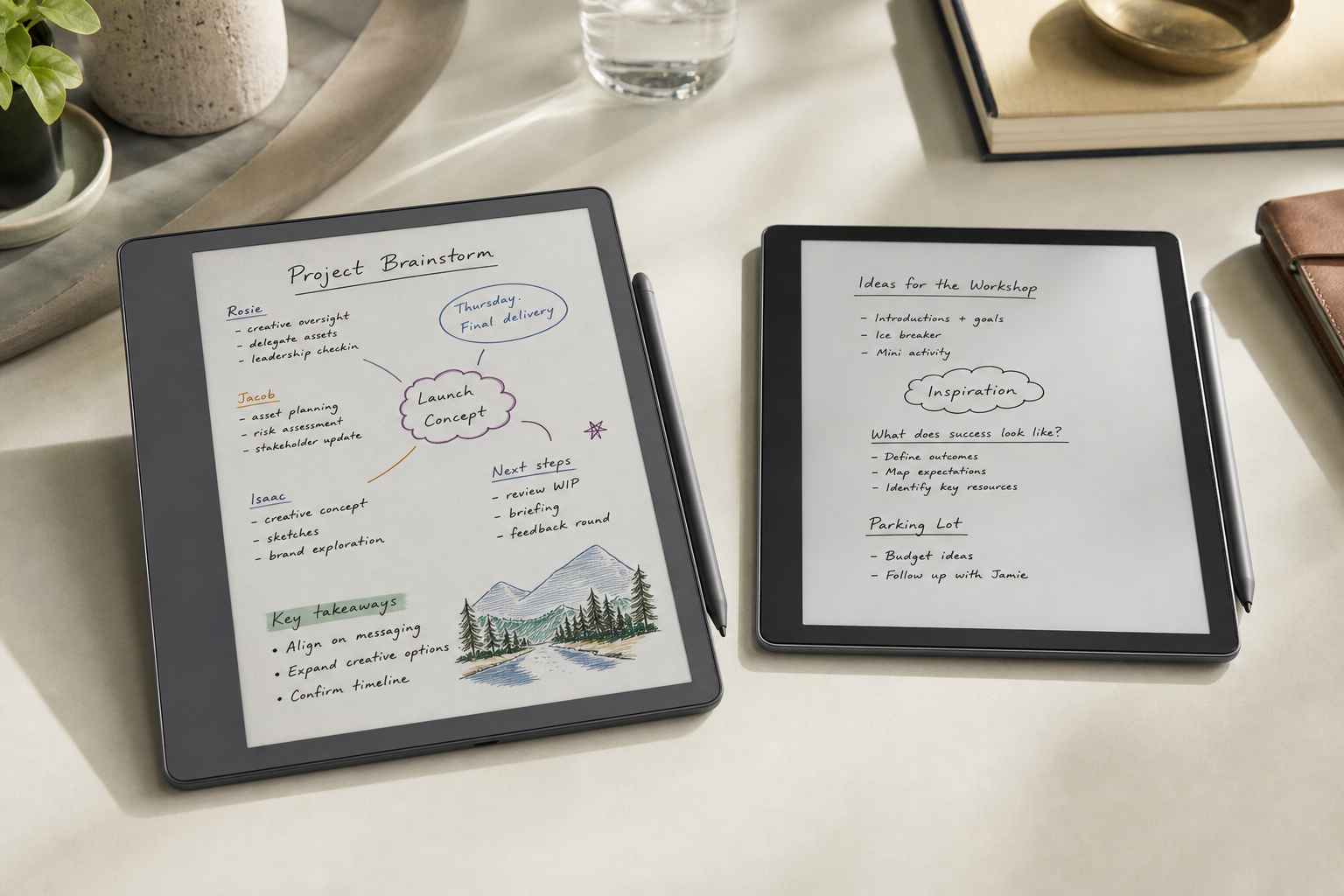 컬러 필기와 흑백 필기를 비교하는 Kindle Scribe 제품 이미지