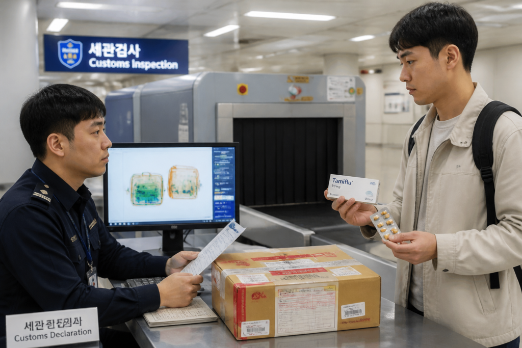 국제우편 의약품과 세관 통관검사 서류를 확인하는 장면